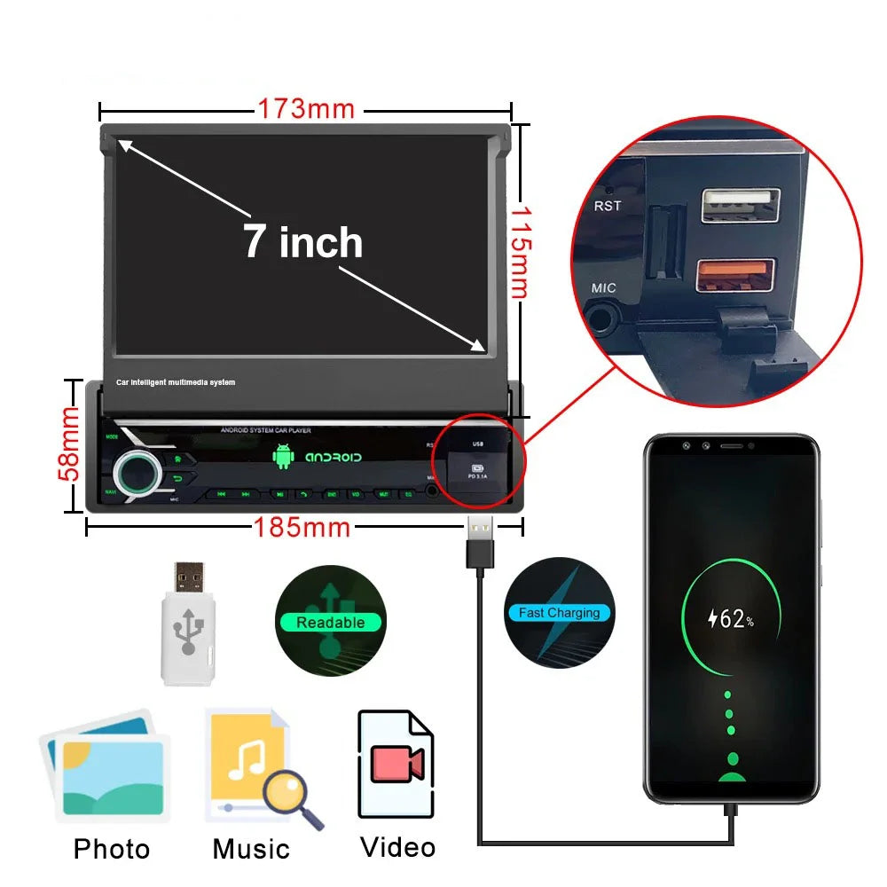 Radio Pantalla Carplay Extraible 1 Din Universal