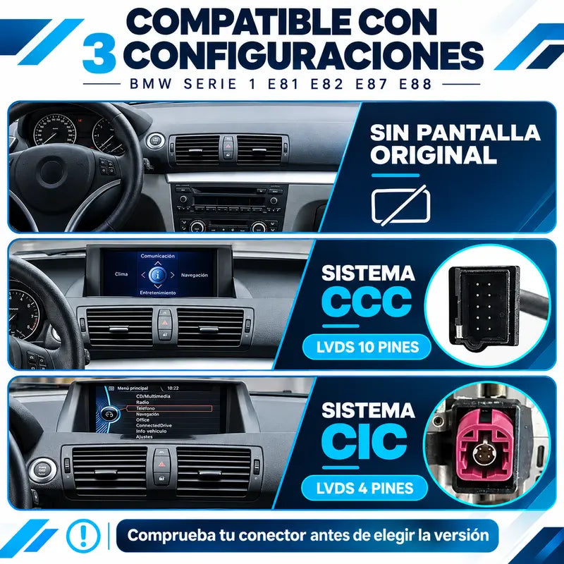 BMW Serie 1 E81 E82 E87 E88 compatible con tres configuraciones: sin pantalla original, CCC LVDS 10 pines y CIC LVDS 4 pines