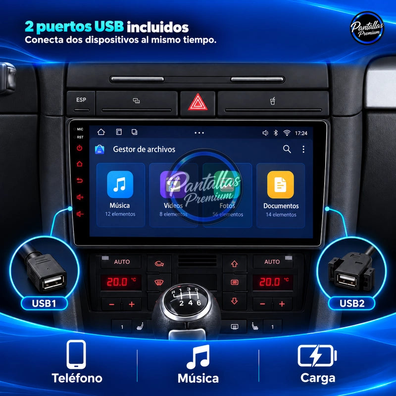 Audi A4 / SEAT Exeo, pantalla de 9 pulgadas — 2 puertos USB incluidos