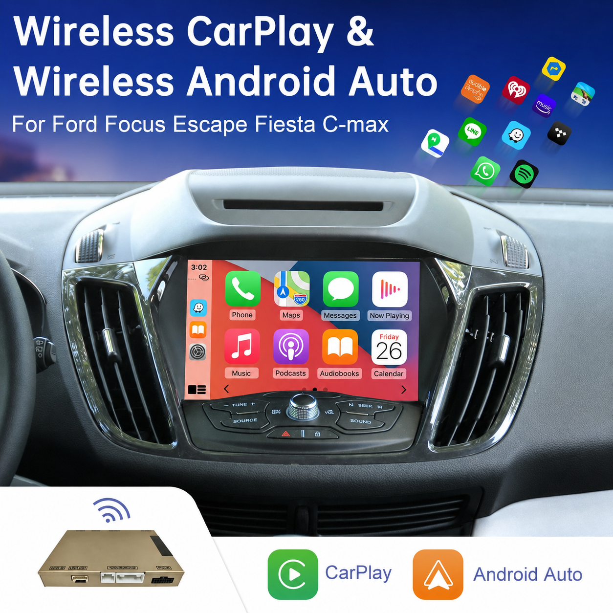 Interfaz CarPlay Inalámbrico + Android Auto para Ford Sync 2 (Explorer, Focus, Fiesta, C-Max, Edge, F-150, Fusion, Taurus)