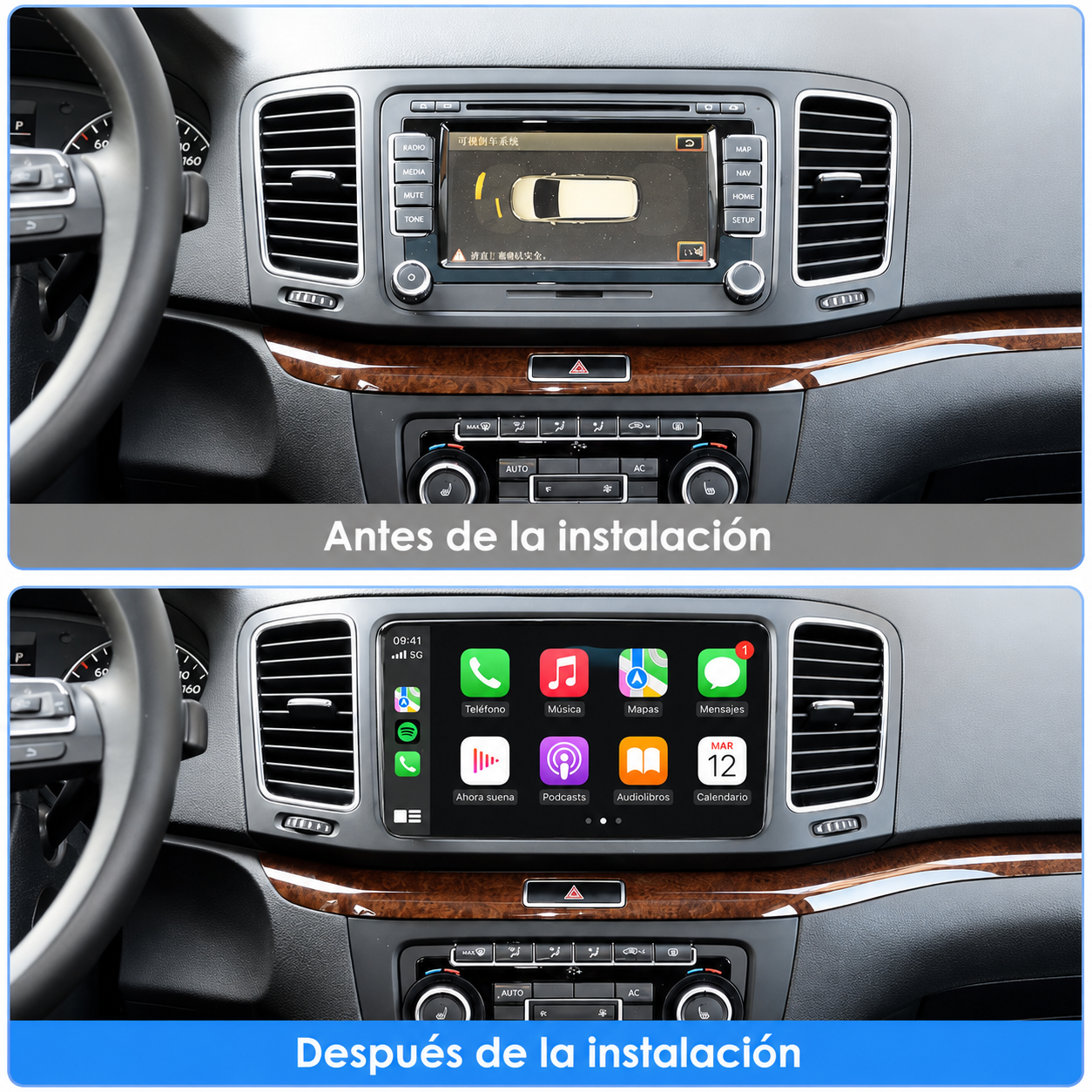 Radio Pantalla CarPlay y Android Auto para Volkswagen Sharan Seat Alhambra 2010-2021