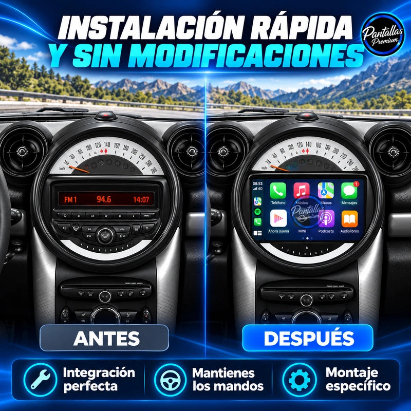 BMW Mini Cooper Countryman R56 R60 2010-2016 - Radio Pantalla Carplay y Android Auto - antes-despues - Pantallas Premium