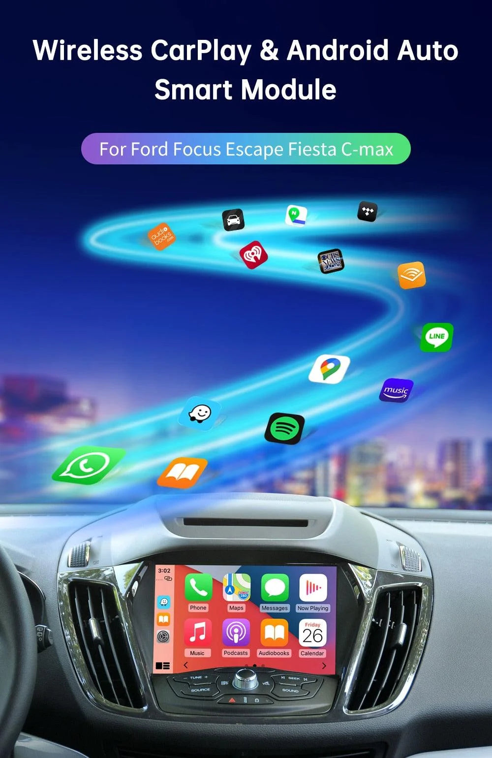 Interfaz CarPlay Inalámbrico + Android Auto para Ford Sync 2 (Explorer, Focus, Fiesta, C-Max, Edge, F-150, Fusion, Taurus)