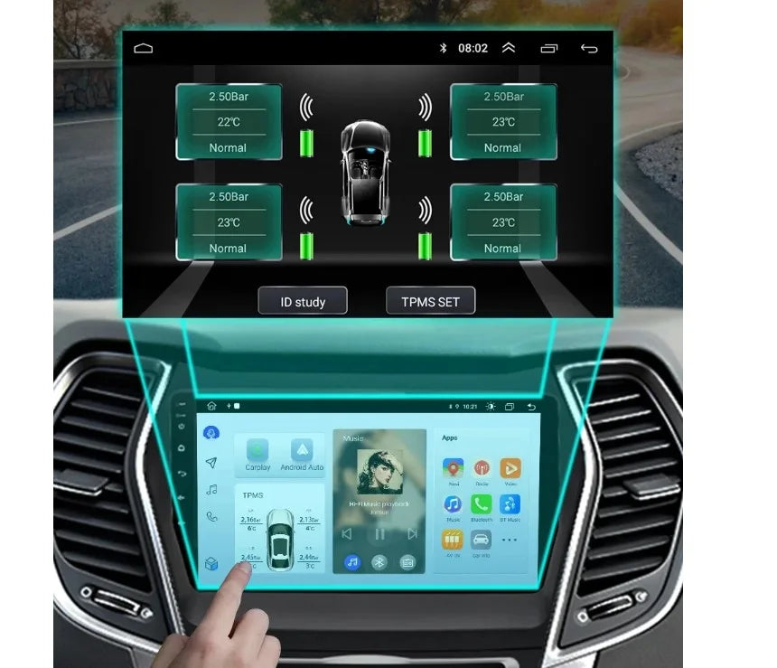 Car Tire Pressure Monitoring System, Android navigation TPMS device with 4 sensors, USB, wireless transmission.
