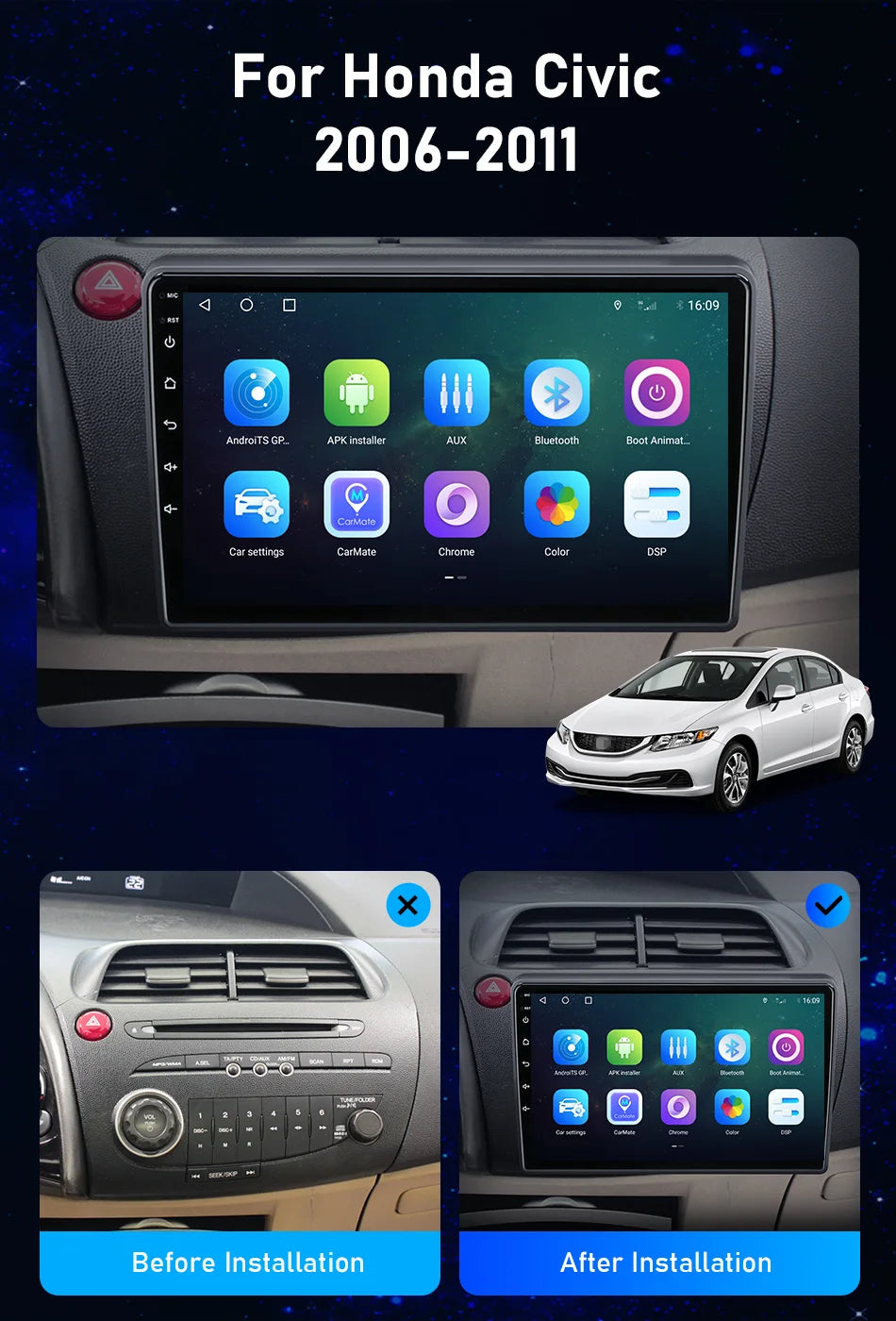 Radio Pantalla Carplay para Honda Civic 2006-2011