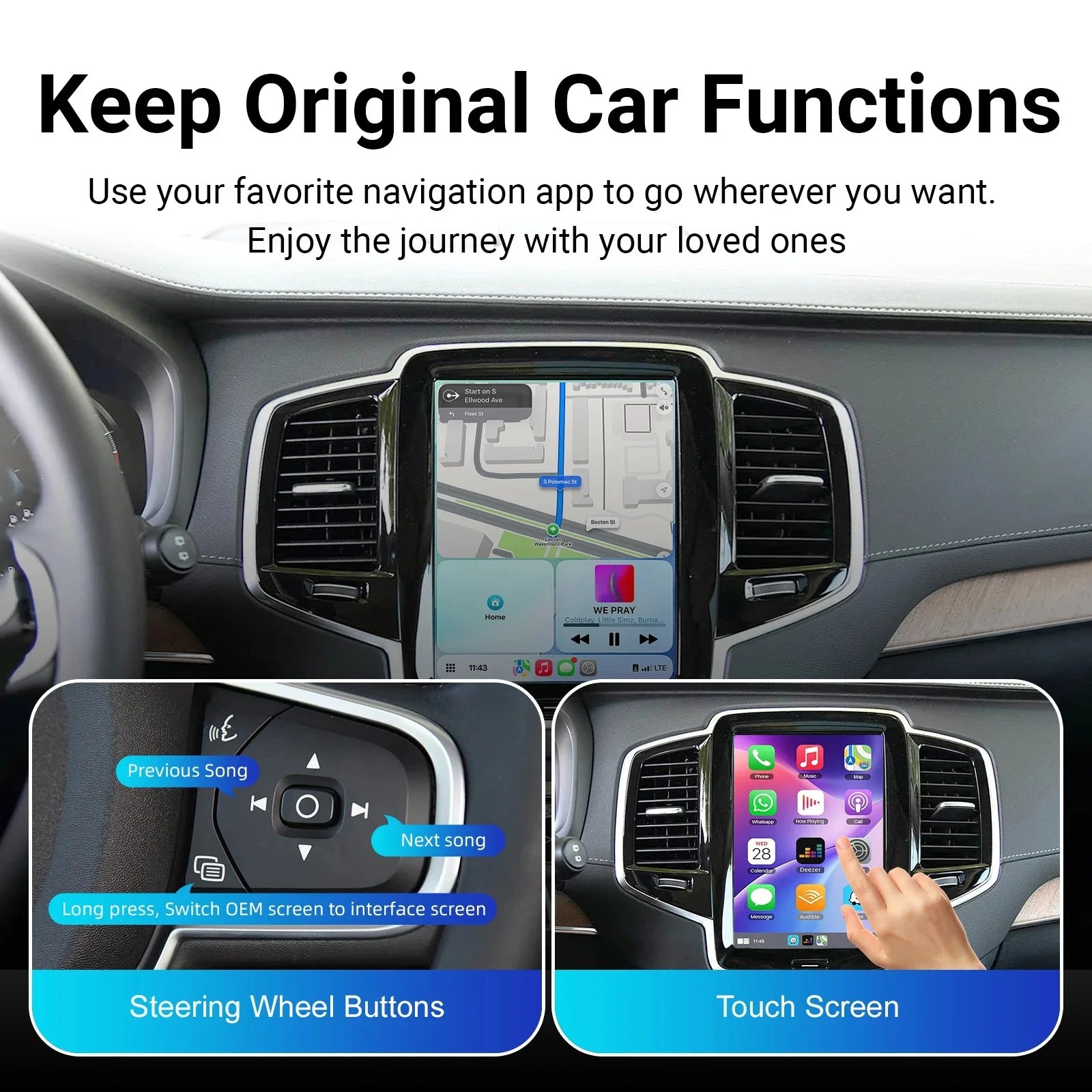 Interfaz CarPlay y Android Auto para Volvo S60 S90 V60 V90 XC40 XC60 XC90