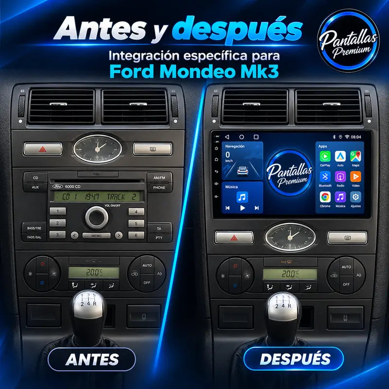 Antes y después de instalar pantalla en Ford Mondeo Mk3 2000-2007