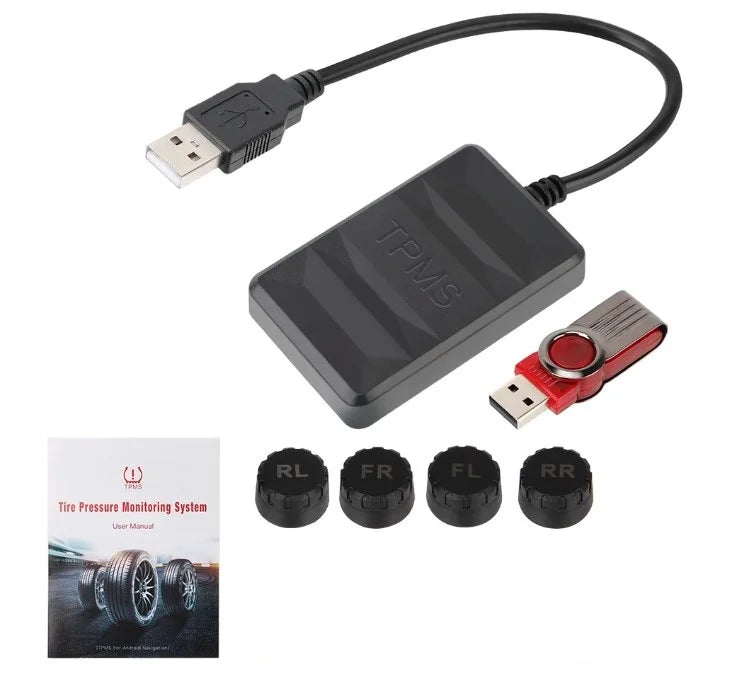 Producto Car Tire Pressure Monitoring System Android Navigation TPMS Device With 4 Sensors USB Wireless Transmission
