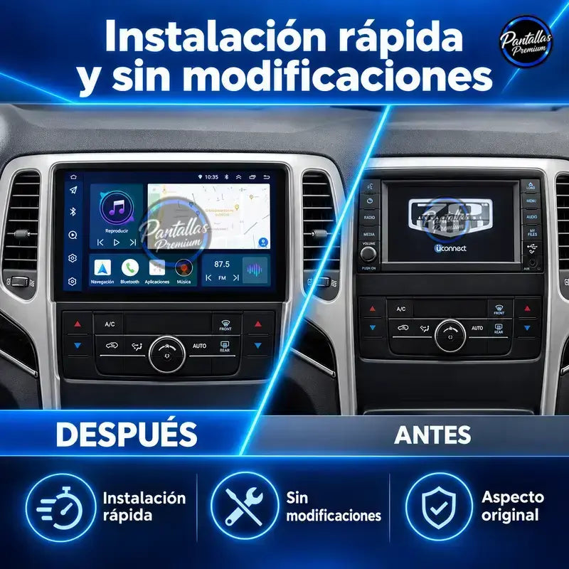Jeep Grand Cherokee WK2 antes y después de instalar la pantalla