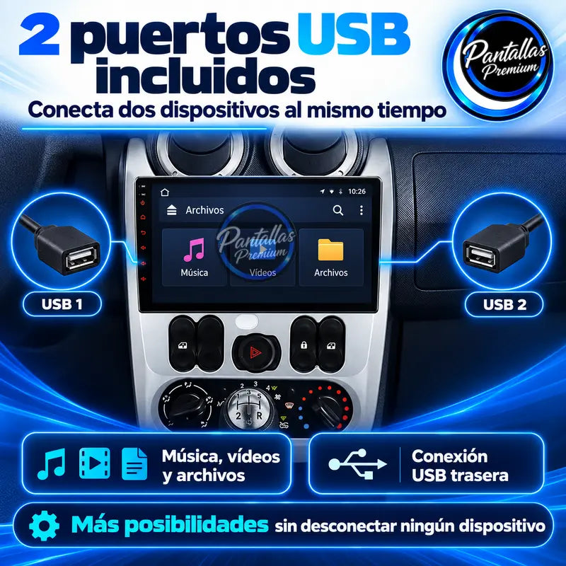 Dos puertos USB incluidos para Renault Logan 1, Sandero 1 y Dacia Duster 1