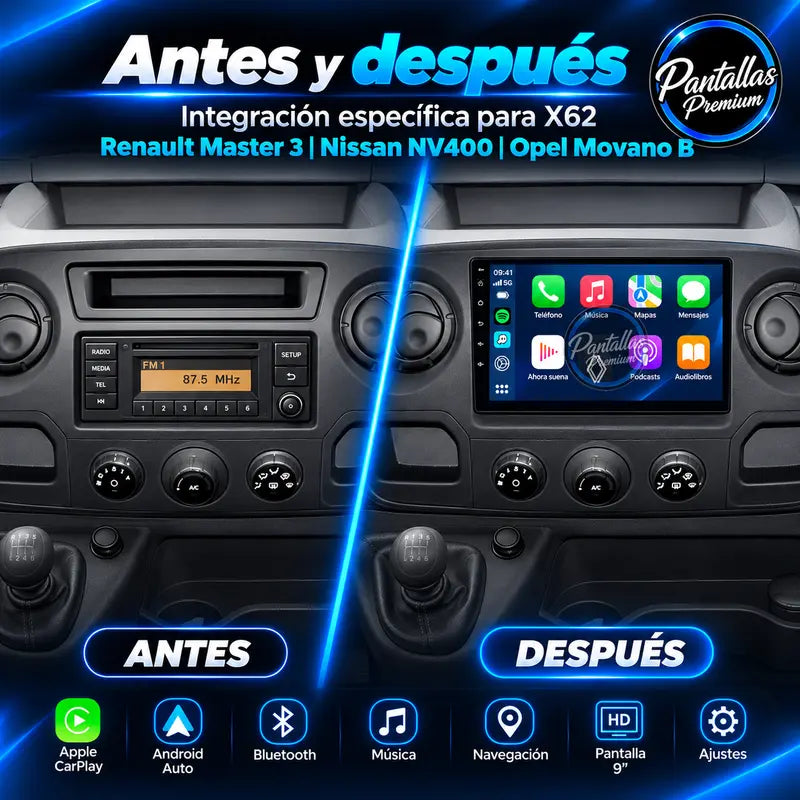 Antes y después de instalar pantalla en Renault Master 3 Nissan NV400 Opel Movano B
