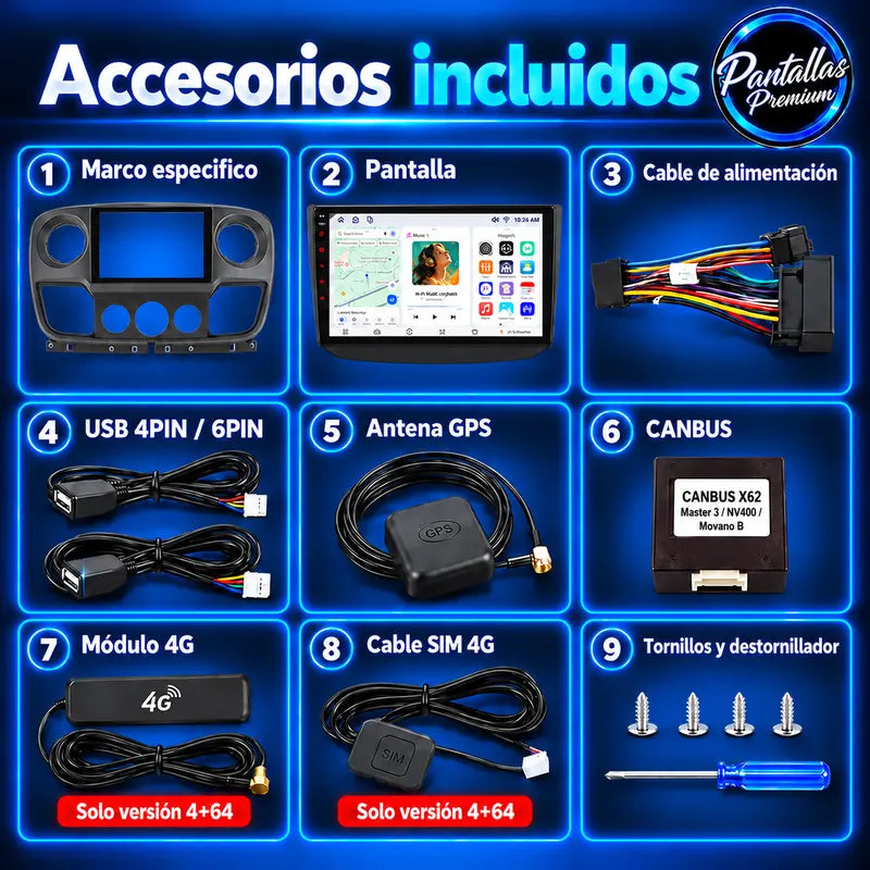 Accesorios incluidos pantalla Renault Master 3 Nissan NV400 Opel Movano B sin cable RCA
