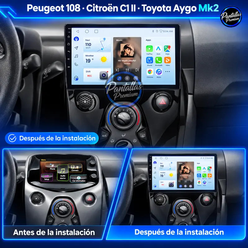 Antes y después instalación Peugeot 108 Citroën C1 II Toyota Aygo Mk2