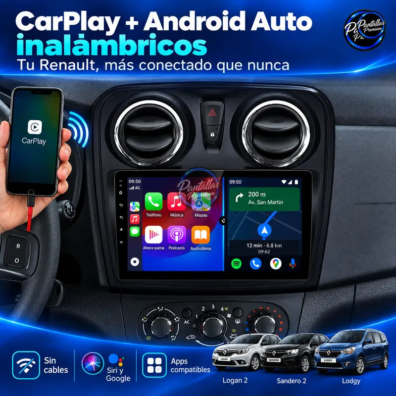 Renault Logan 2 Sandero 2 Lodgy - CarPlay y Android Auto inalámbricos